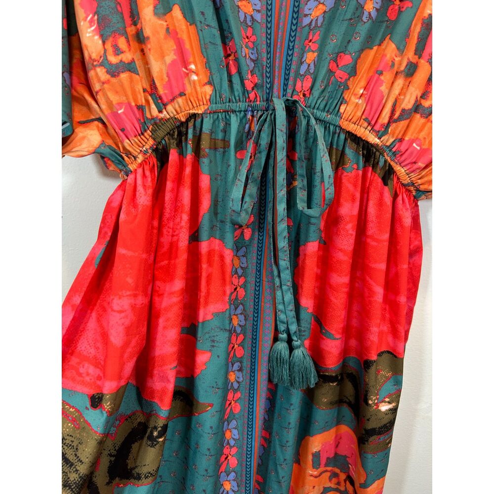 WORLD MARKET Boho Floral Tie Empire Maxi Dress L/XL Satin Tropical Kaftan - Picture 5 of 12
